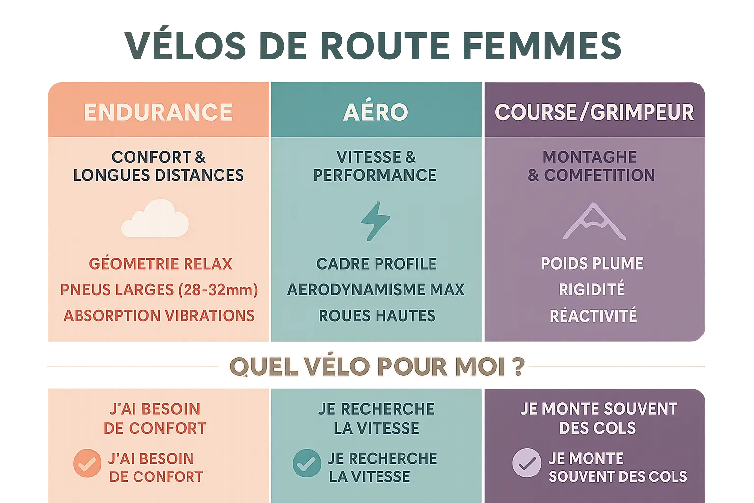 Comparatif des vélos route femmes : endurance, aéro, course